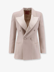 Double-breasted wool blend blazer with satin profiles